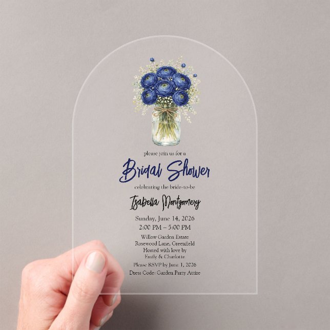 Invitaciones Acrílicas Navy Blue Ranunculus Mason Jar Bridal Shower (Insitu (portátil))