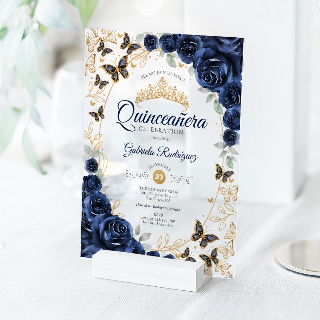 Invitaciones Acrílicas Navy Gold Floral Quinceanera (Subido por el creador)