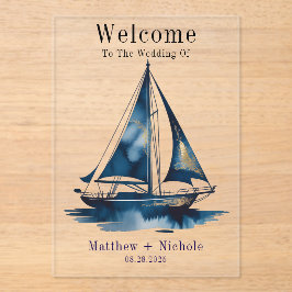 Invitaciones Acrílicas Navy Gold Nautical Boat Gold Wedding Welcome Sign