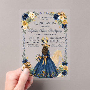 Invitaciones Acrílicas Navy Gold Western Caballo Floral Charra Quinceañer