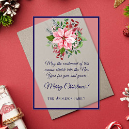 Invitaciones Acrílicas Navy Pink Green Poinsettia Frosted Christmas Card
