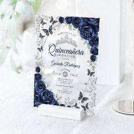 Invitaciones Acrílicas Navy Silver Floral Quinceanera