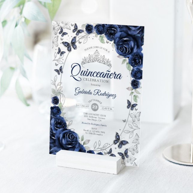 Invitaciones Acrílicas Navy Silver Floral Quinceanera (Subido por el creador)