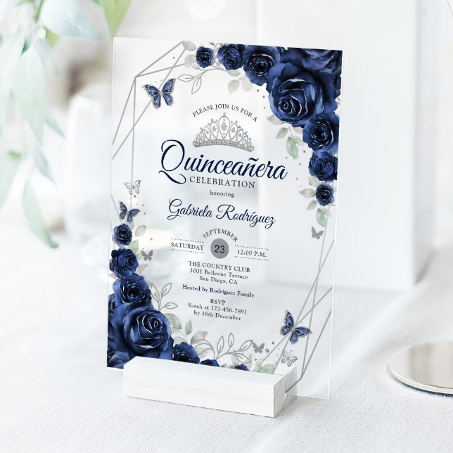 Invitaciones Acrílicas Navy Silver Floral Quinceanera (Subido por el creador)