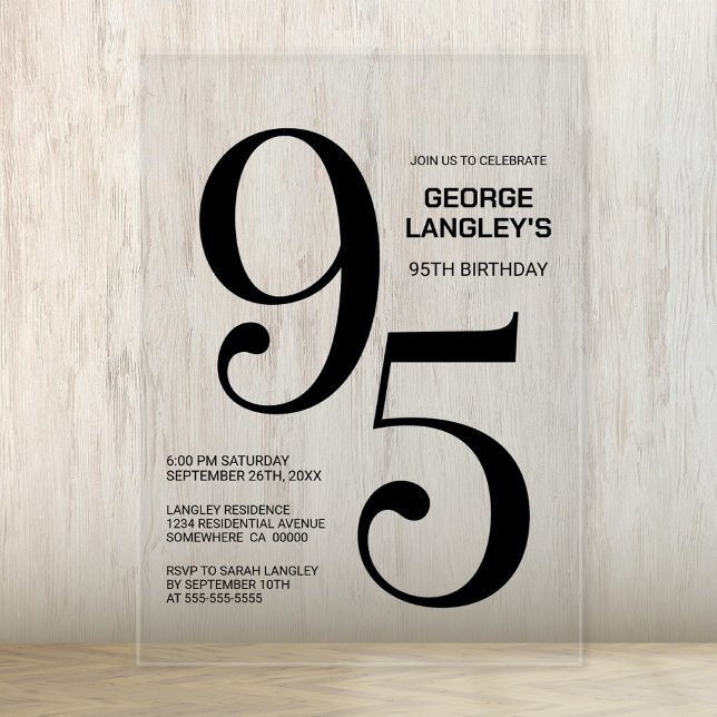Invitaciones Acrílicas Negrita moderna Textos Negros 95º cumpleaños (Subido por el creador)