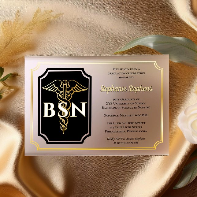 Invitaciones Acrílicas Negro elegante | Fiesta de Graduación de Enfermera (Elegant  Black and Gold-Toned Nurse "BSN" Graduation Party Acrylic Invitations)