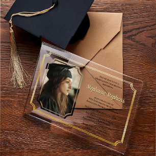 Invitaciones Acrílicas Negro elegante   Partido de Graduación de la Unive