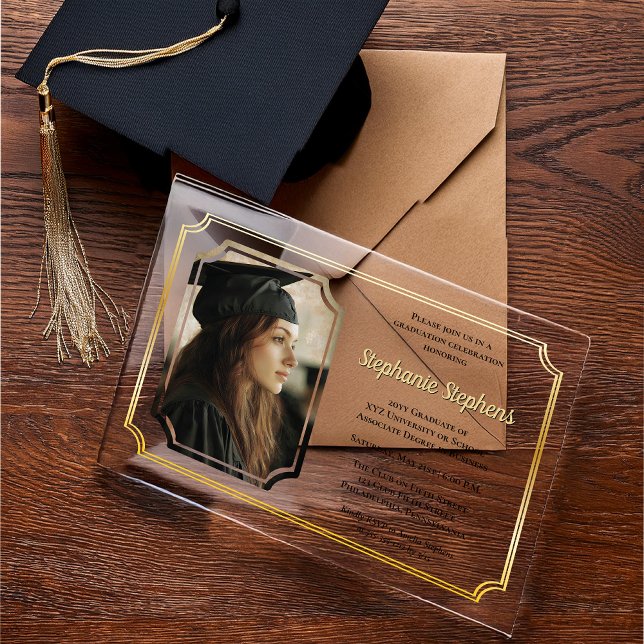 Invitaciones Acrílicas Negro elegante | Partido de Graduación de la Unive (Elegant Black and Gold Tone College or University Photo Graduation Acrylic Announcement | Invitation)