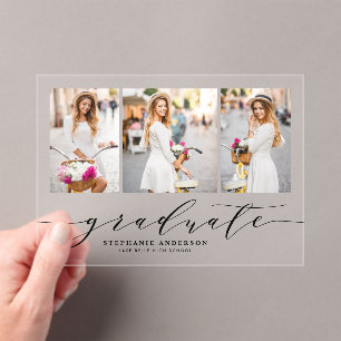 Invitaciones Acrílicas Negro Guion Elegante Tres Foto Graduación