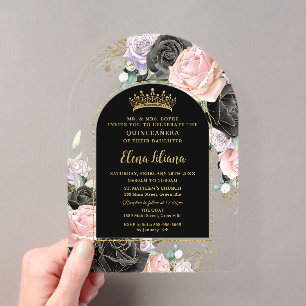 Invitaciones Acrílicas Negro Rosa Púrpura Floral Oro Quinceañera Dulces 1