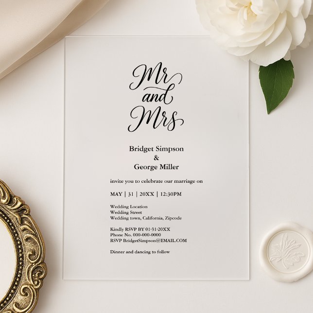 Invitaciones Acrílicas negro transparente mr y mrs Elegant Wedding (Subido por el creador)