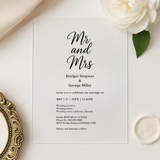 Invitaciones Acrílicas negro transparente mr y mrs Elegant Wedding (Subido por el creador)