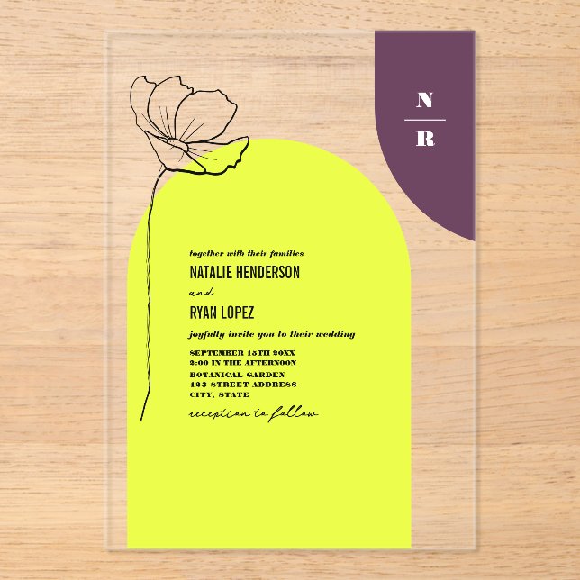 Invitaciones Acrílicas Neón floral monograma + Boda geométrico de ciruela (Anverso)