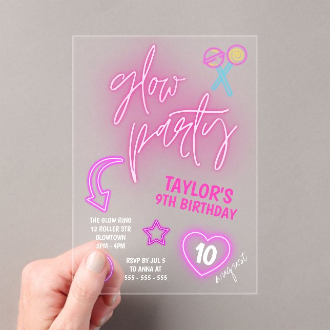 Invitaciones Acrílicas Neon Pink Glow Fiesta Birday (Insitu (portátil))
