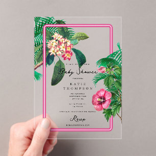 Invitaciones Acrílicas Neon Pink Tropical Botanicals Baby Shower
