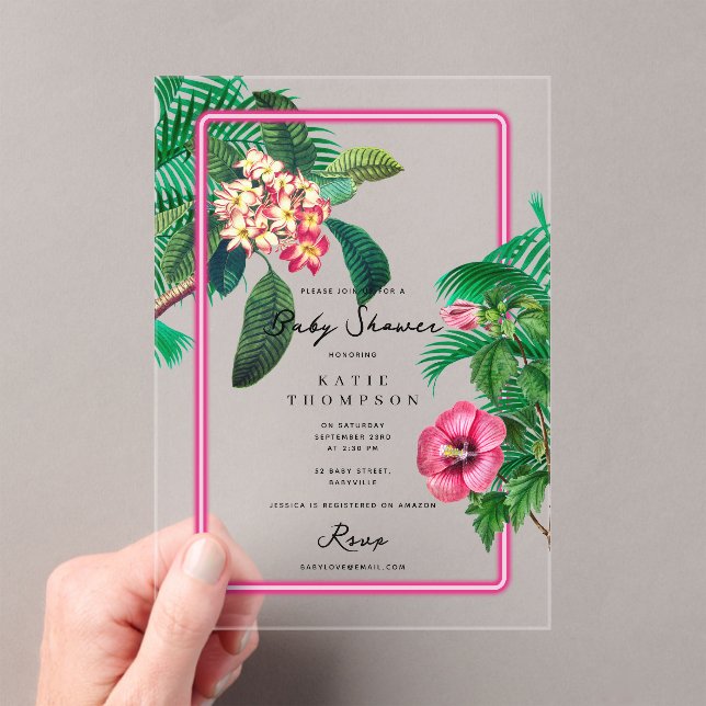Invitaciones Acrílicas Neon Pink Tropical Botanicals Baby Shower (Insitu (portátil))