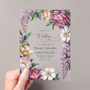Invitaciones Acrílicas Niebla Malva, Oro de Champán y Boda Floral Blanca