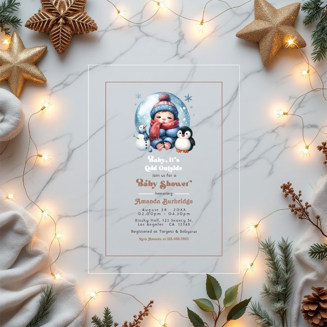 Invitaciones Acrílicas Nieve de invierno: "Cariño, ¡hace frío afuera!" Ba (Winter Snow "Baby, it's cold Outside!" Baby Shower Acrylic Invitation)