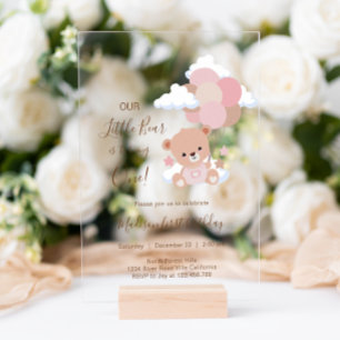 Invitaciones Acrílicas Niña Bebé Con Nubes De Globo Primer Cumpleaños