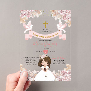 Invitaciones Acrílicas Niña Boho Floral Rosa Primera Comunión