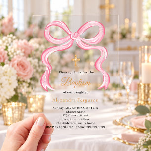 Invitaciones Acrílicas Niña con lazo rosa Bautizo de lujo transparente
