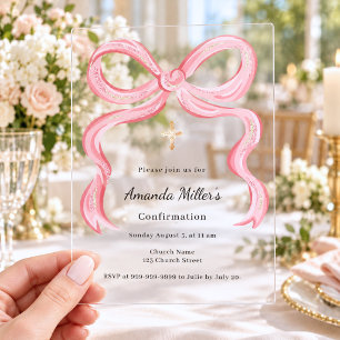 Invitaciones Acrílicas Niña con lazo rosa confirmación de lujo claro