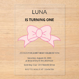 Invitaciones Acrílicas Niña con lazo rosa cumpleaños 1 año