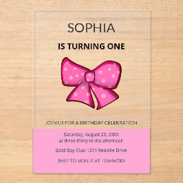 Invitaciones Acrílicas Niña con lazo rosa cumpleaños infantil primero 