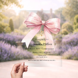 Invitaciones Acrílicas Niña con lazo rosa Primera Comunión clara
