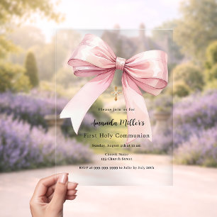 Invitaciones Acrílicas Niña con lazo rosa Primera Comunión clara