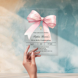 Invitaciones Acrílicas Niña con lazo rosa Primera Comunión clara