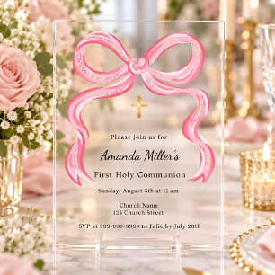 Invitaciones Acrílicas Niña con lazo rosa Primera Comunión de lujo transp