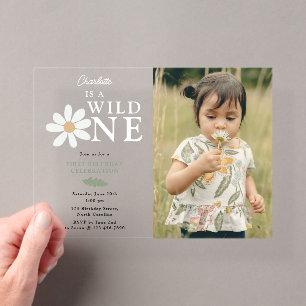 Invitaciones Acrílicas Niña cumple 1 año Flor de Margarita Adorable Foto 