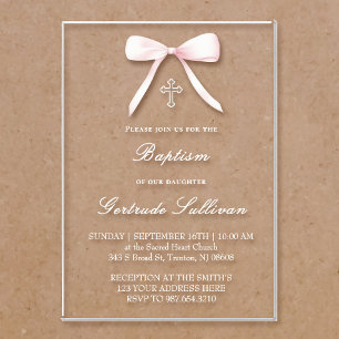 Invitaciones Acrílicas niña de Bautizo con lazo rosa