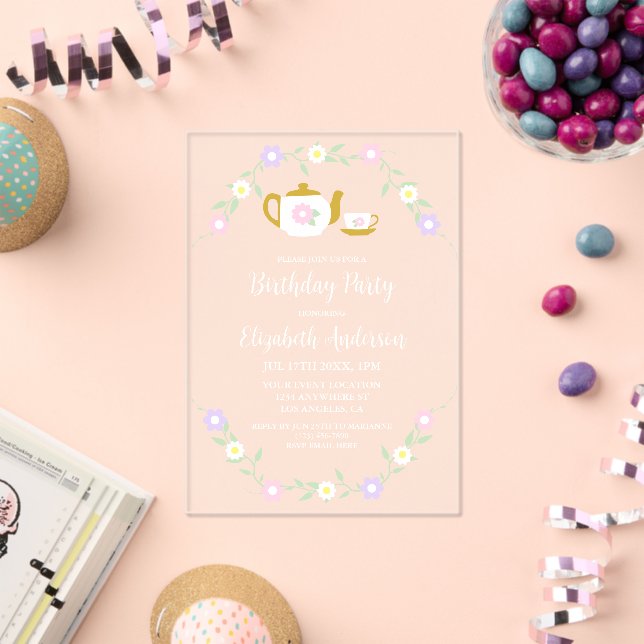 Invitaciones Acrílicas Niña de cumpleaños 2 tomando té para dos (Insitu (Celebración))