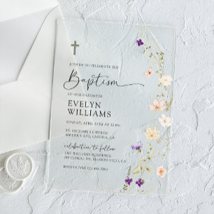 Invitaciones Acrílicas Niña de Flor Silvestre de Primavera Bautizo Floral