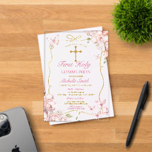 Invitaciones Acrílicas Niña de Flores Rosadas Mariposa Primera Comunión