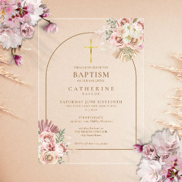Invitaciones Acrílicas Niña de hierba de Pampas de Oro Rosa Bautizo 