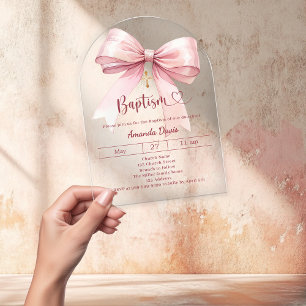 Invitaciones Acrílicas Niña de lazo rosa elegante claro lujo Bautizo