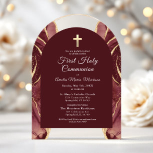 Invitaciones Acrílicas Niña de Primera Comunión Burgundy Gold Agate Acry