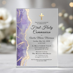 Invitaciones Acrílicas Niña de Primera Comunión con Ágata Lila Púrpura