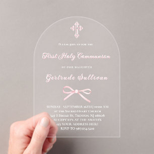 Invitaciones Acrílicas Niña de Primera Comunión con lazo rosa