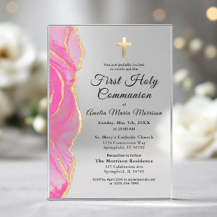 Invitaciones Acrílicas Niña de Primera Comunión en Ágata de Oro Rosa