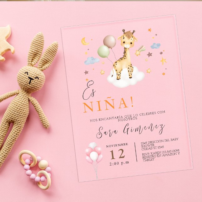 Invitaciones Acrílicas Niña Española Ducha Girafa Con Globos (Spanish Baby Girl Shower Giraffe With Balloons Acrylic Invitations)