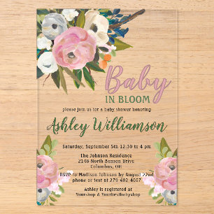 Invitaciones Acrílicas Niña Floral Rosa Bebé en Flor Pintada a Mano 
