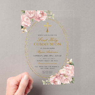 Invitaciones Acrílicas Niña Floral Rosa Primera Comunión Cruz de Oro