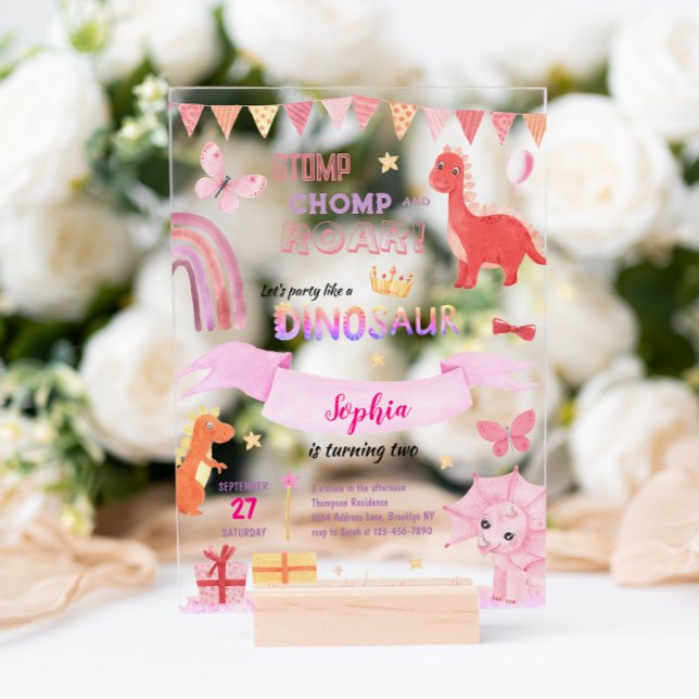 Invitaciones Acrílicas Niña pequeña Rosa Dino Rosa Dinosaurios Niños Cump (Subido por el creador)