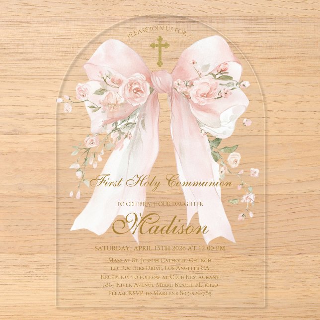 Invitaciones Acrílicas Niña Primera Comunión con Lazo - Arco Boho (Anverso)