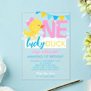 Invitaciones Acrílicas Niña Un Pato Afortunado Acuarela 1er Cumpleaños