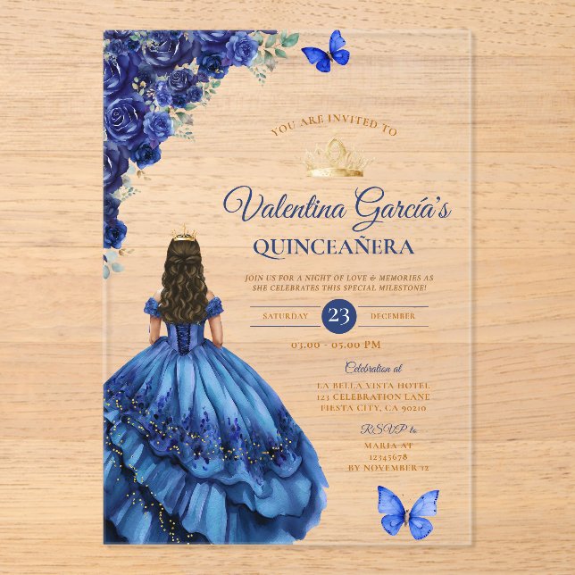 Invitaciones Acrílicas Niña Vestido Azul Quinceañera 15 Años Flores Dorad (Anverso)